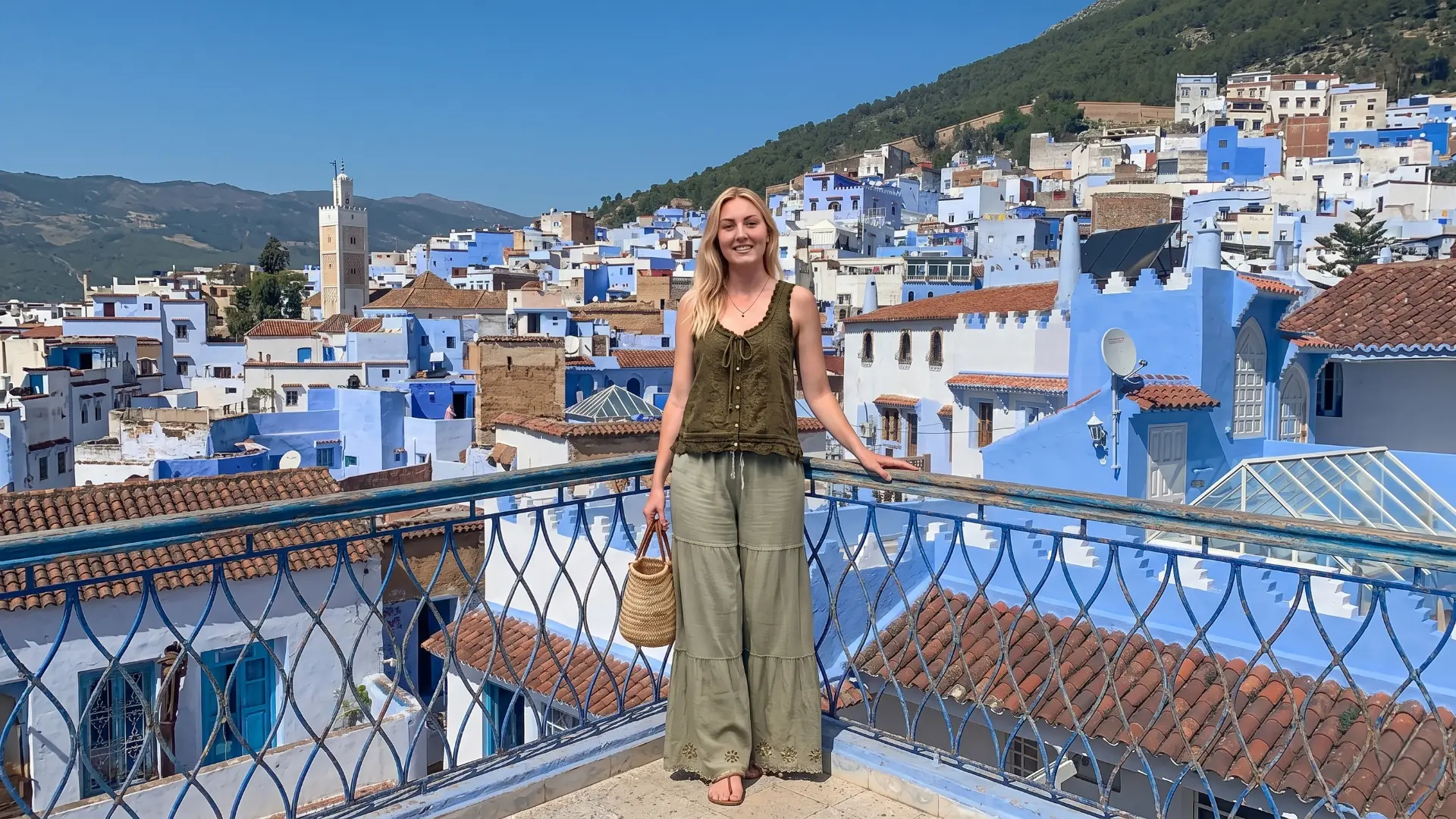 Rooftop terrace view of Outa el Hammam square and Kasbah in Chefchaouen Rooftop terrace view of Outa el Hammam square and Kasbah in Chefchaouen
